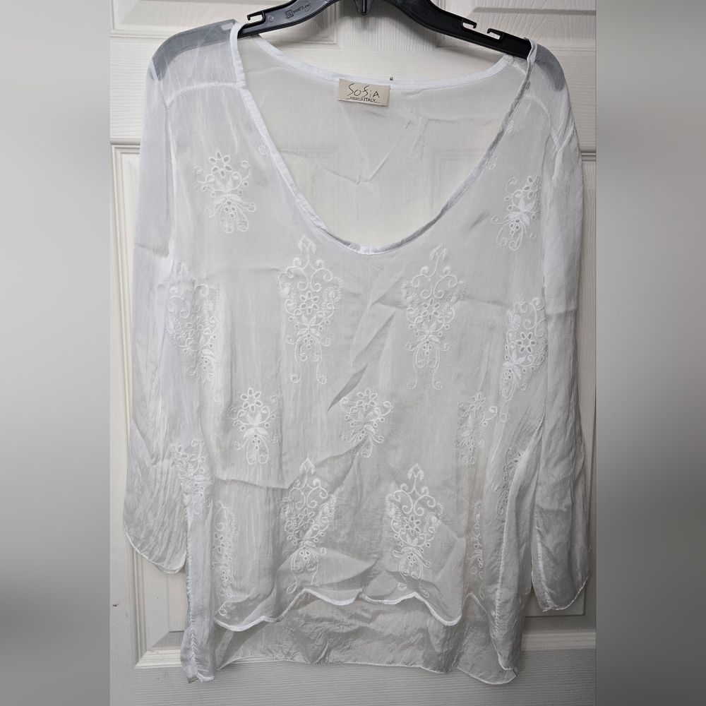 Sheer White Silk Embroidered Women's Tunic Top - Sofia of Italy - Med